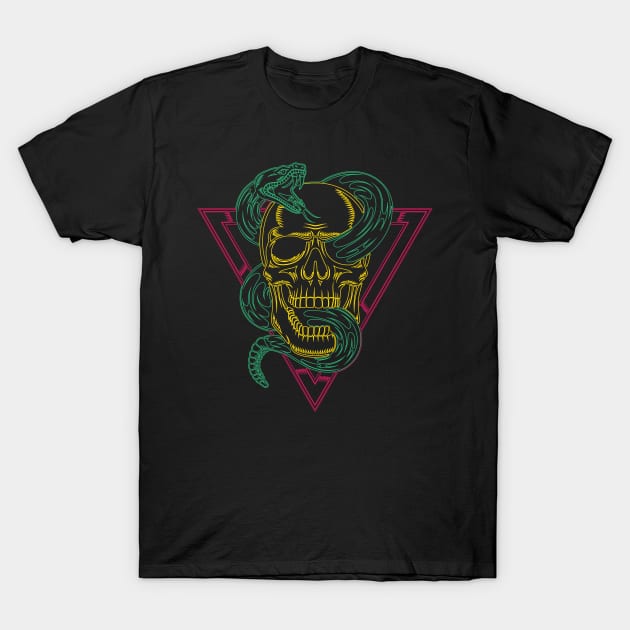 Retro 80s Style Neon Skull Snake T-Shirt by JHughesArt